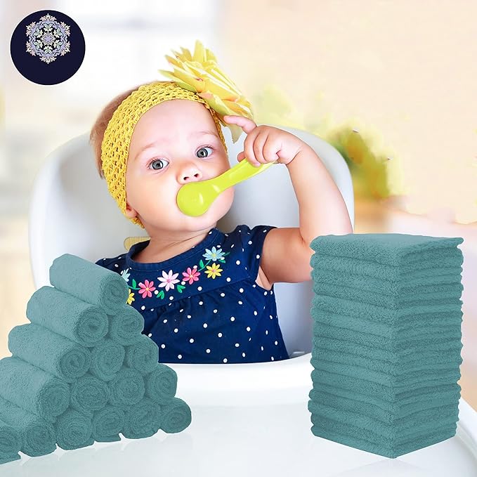 32 Pack Baby Washcloths - Luxury Coral Fleece - Absorbent and Soft Wash Clothes for Newborns, Infants and Toddlers Baby boy and Girl - Suitable for Sensitive Skin and New Born - Teal, 10x10 Inch