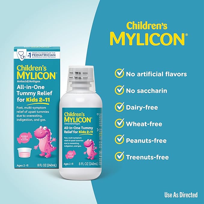 MYLICON Children's All-in-One Tummy Relief Liquid for Indigestion for Kids, Bubble Gum Flavor, 8oz