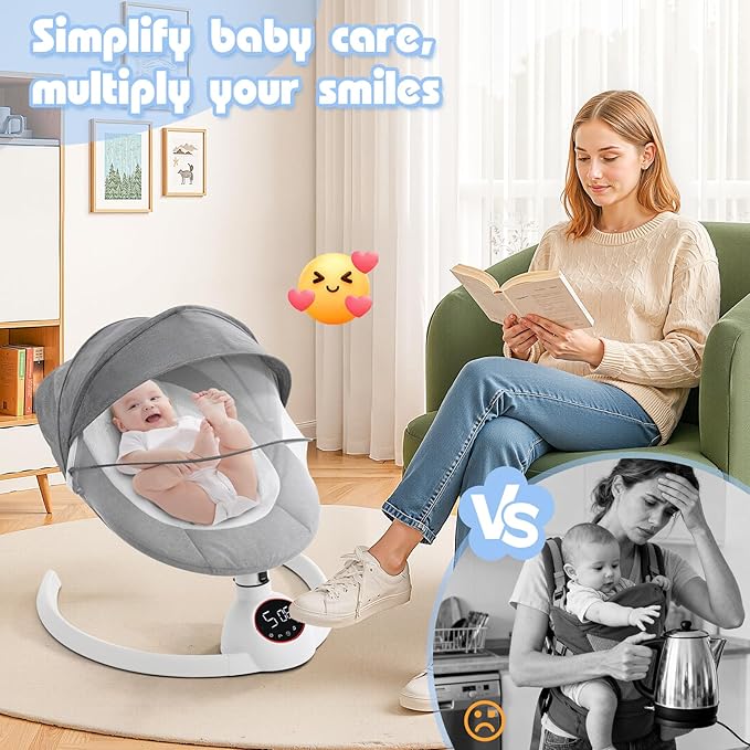 Soobaby Baby Swing for Infants,Electric Swing for Babies,Portable Swing for Baby Boy Girl,Remote Control Indoor Baby Rocker with 5 Sway Speeds,Music and Bluetooth,Bright Gray