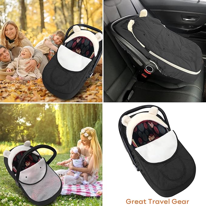 Baby Car Seat Cover for Infant Newborn - Universal Fitted 3-Season (Winter/Spring/Autumn) Canopy, Warm Breathable with Mesh Cover, Unisex for Baby Boy Girl - Black