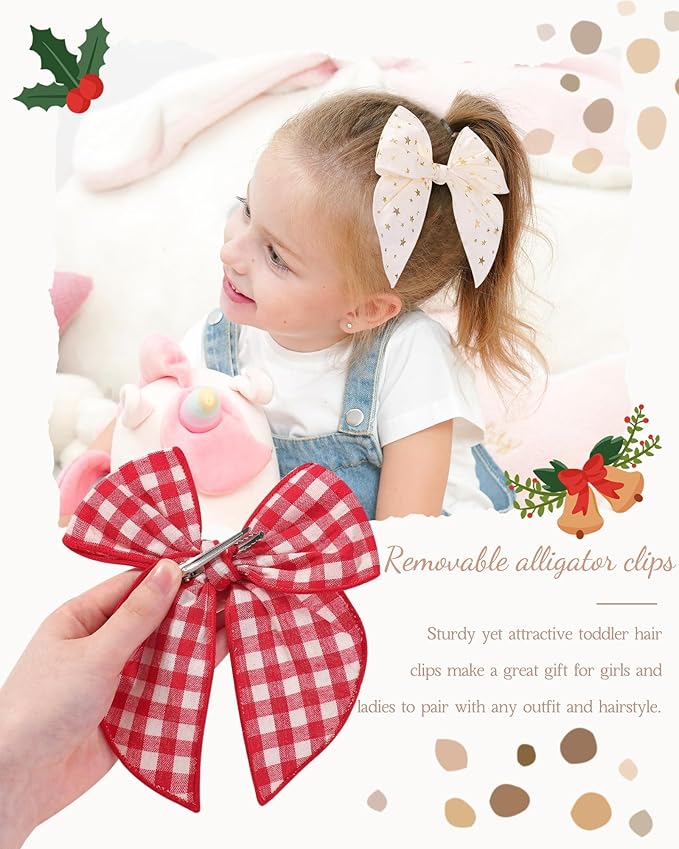 Doboi 8PCS Baby Girls Hair Clips Large Christmas Fable Hair Bows Cotton Linen Bows for Girls Gingham Hair Accessories for Baby Toddlers Kids