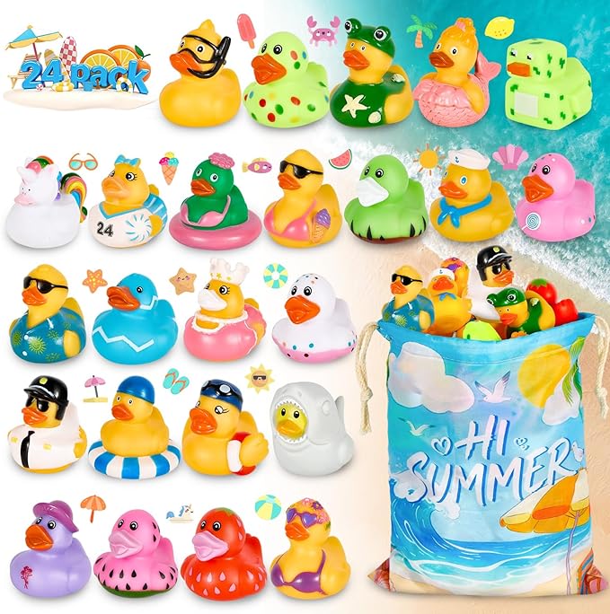 24Pack Summer Rubber Ducks with a Bag, Summer Duck for Jeeps, Assorted Beach Toys for Pool, Duckies Games, Party Favors, Birthday Gifts, Classroom Incentives, Baby Kids Swimming Pool Water Bath Toys