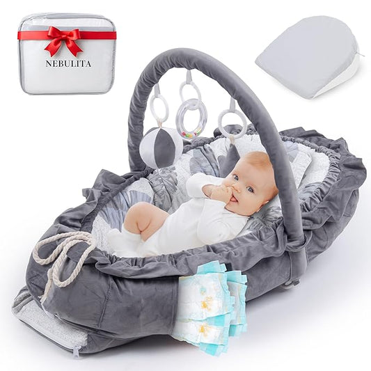 Newborn Lounger Leaf Gray - Flexible & Portable w/Infant Support Cushion, Soft & Breathable 100% Cotton - Multi-Use Supervised Baby Lounger for Floor, Travel, Changing Mat Alternative - Premium