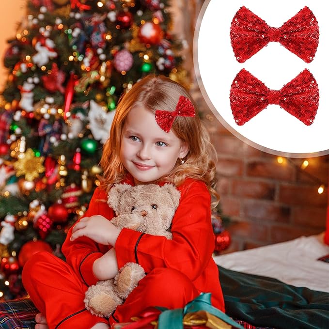 Ouligay 2 Pcs Sparkly Red Hair Bow,Sequin Christmas Bows for Girls,Christmas Hair Clips,Bows Barrettes for Toddler Girls,Red Hair Accessories for Daily Weding Thanksgiving Accessories