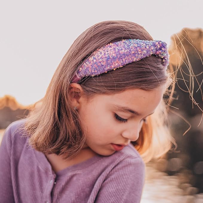 FROG SAC Sequin Knot Headband for Girls, Purple Knotted Hair Bands Accessories for Kids, Sparkly Iridescent Little Girl Headbands, Cute Fashion Hairbands for Tweens Stocking Stuffers for Children