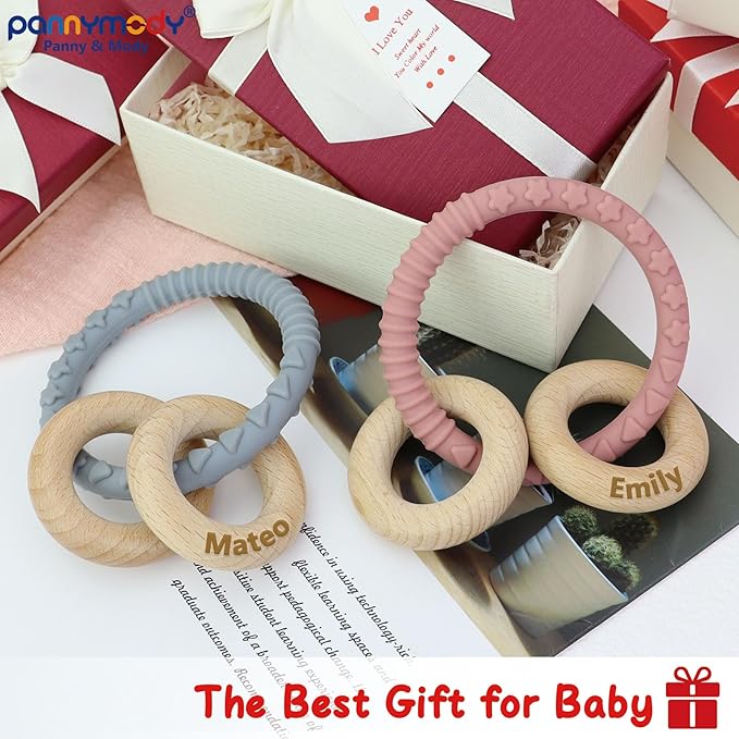 Personalized Teether Rattle with Name - Custom Teething Toys Wooden Ring Gift