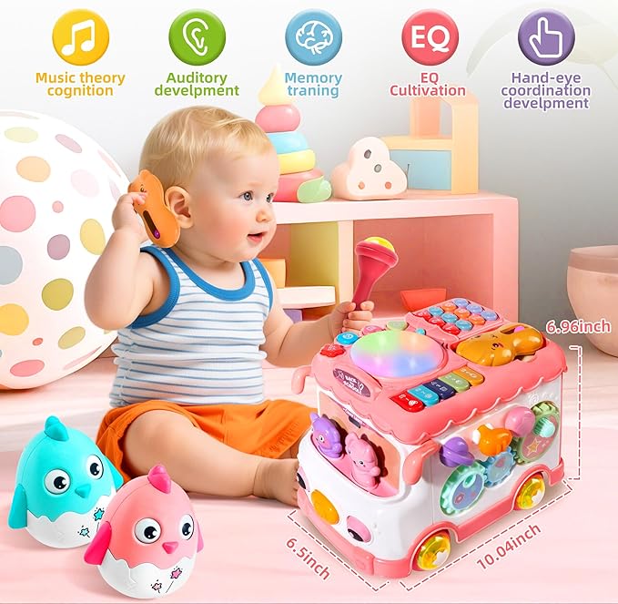 Toys for 1 Year Old Girl Gifts, 10-in-1 Montessori Toys Bus for Baby 6-12 12-18 Months, Educational Musical Learning Toddler Toy Age 1-2, 1st First Birthday Gifts for Girls and Boys, Pink
