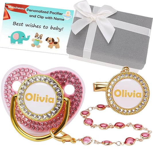 Custom Pacifier with Name, Bling Personalized Pacifier Set with Gift Box, Glitter Crystal Luxurious Soother Dummy Ideal Gift for Boys Baby Shower(Pink)