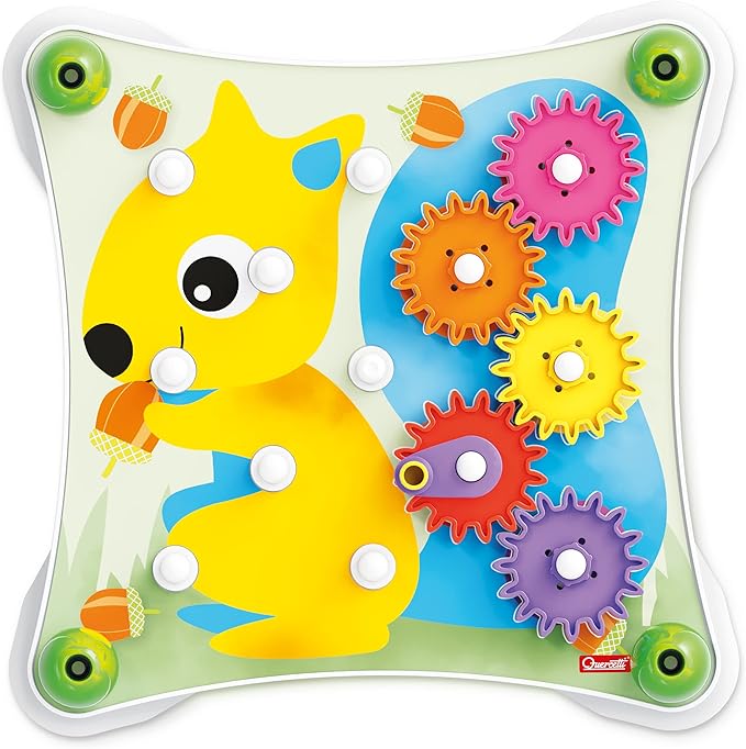 Quercetti: Peggy Gears - 13pc Interactive Cogwheel Construction Toy, Peg Board, 2-Sided Cards w/ 6 Scenes, Preschool Educational Play, Toddler-Kids 2+