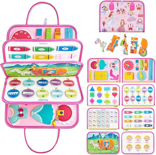 Freebear Busy Board Toddler Travel Toys Quiet Book Sensory Board for Toddlers 1 2 3 4, Montessori Educational Toys for 3 4 Year Old Girls Boys Gift, Princess