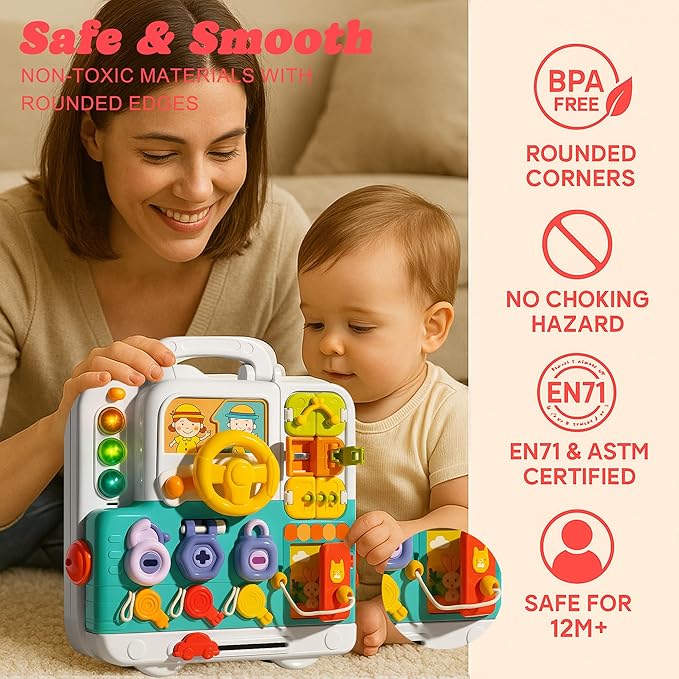 Montessori Busy Board for Toddlers 1-3, Baby Educational Activity Board with Lights & Music, Sensory Toys for Fine Motor Skills, Travel Toys for Airplane Cars, Gift for Boys Girls