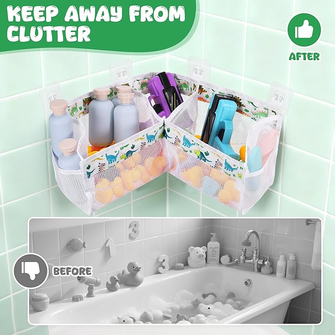Bath Toy Storage Organizer, 3 Compartment Corner Bath Toy Holder for Tubs, Large Capacity & Quick-Drying Mesh - 4 Strong Adhesive Hooks for Easy Access