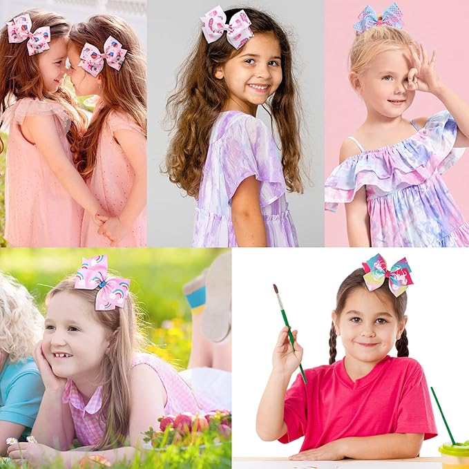 24PCS 4.5Inch Bows for Girls Boutique Grosgrain Ribbon Rainbow Hair Bow Alligator Hair Clips Pigtail Bows Unicorn Hair Clips for Baby Girls Toddler Kids Children Teens in Pairs