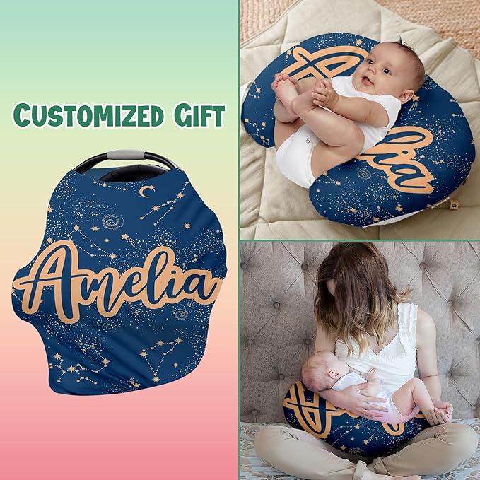 Personalised Car Seat Cover for Girls and Boys - 7 in 1 Multipurpose Breast Feeding Cover, Nursing Cover, Peacock Blue Star Grocery Cart Cover - Birthday Gift for Babies