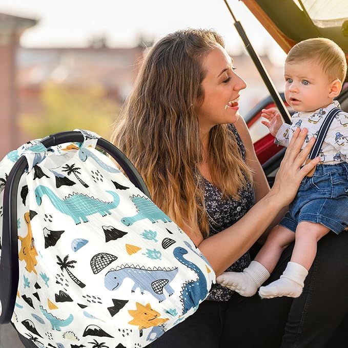 Dinosaurs Carseat Cover Baby Infant Car Seat Canopy Breathable Cotton Extra Large Mesh Window Windproof Newborn Stroller Baby Carrier Cover for Boys and Girls Shower Gifts All Seasons