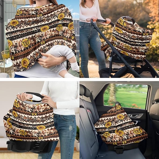 2 Piece Car Seat Covers with U-Shaped Pillowcase, Sunflower Aztec Print Multi-use Cover Carseat Canopy, Breathable Breastfeeding Cover for Babies, Boys & Girls Shower Gifts