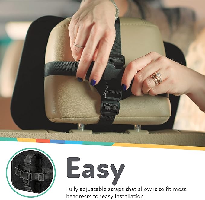 Nuby Backseat Baby Mirror with Fully Adjustable Straps, Shatter Resistant, Installs in Seconds, Black