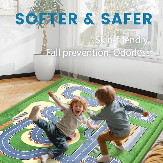 1.3" Thick Baby Floor Play Mat 79x158, Basic Padded Memory Foam Kids Mat, Extra Large Non-Slip Plush Playmat for Nursery Playroom Classroom (Race Track)
