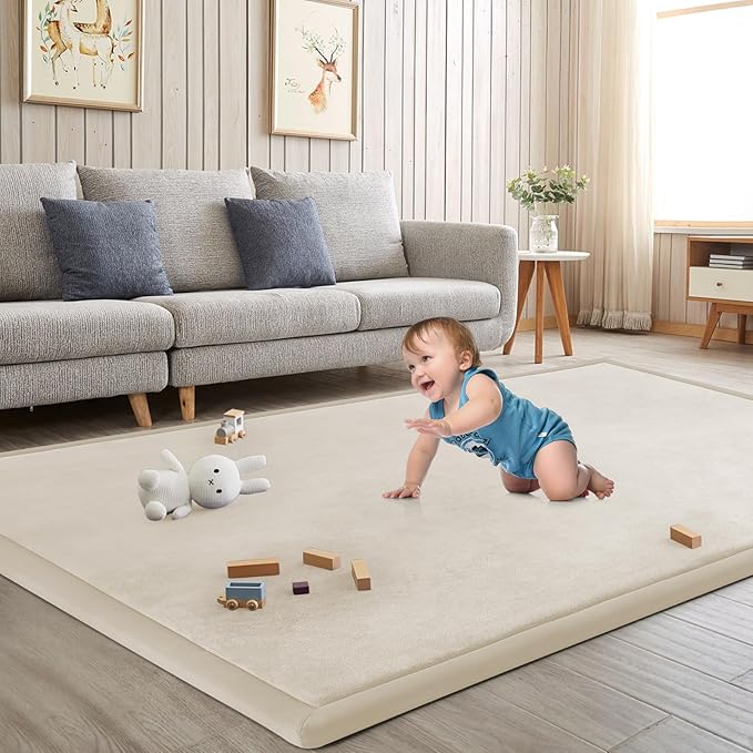 Baby Play Mat for Floor Nursery Rug Muscle Mat Area Rug Playroom Rug 50"x50" Playpen Mat Memory Foam 1.3" Thick Crawling Mat For Babies,Toddlers, Infants, Kids,A Beige