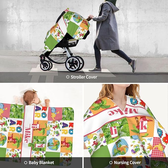 Personalized Baby Car Seat Canopy for Babies with Name, Custom Car Seat Covers for Boys Girls, Dinosaur Green Nursing Breastfeeding Stroller Cover Infant Carseat Canopies for Newborn