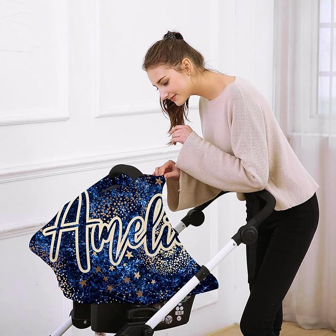 Custom Car Seat Covers for Babies - Breathable Baby Car Seat Cover for Girls Boys, Kick-Proof Newborn Carrier Dark Blue Print Canopy Stretchy Stroller Cover for 4 Seasons