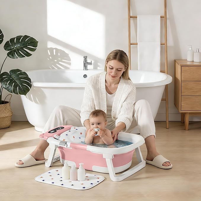 Baby Bathtub,Foldable Baby Bath Tub for Newborn to Toddler (0-18 Months) – Collapsible Infant Tub for Travel with Thermometer, Soft Cushion,Pink