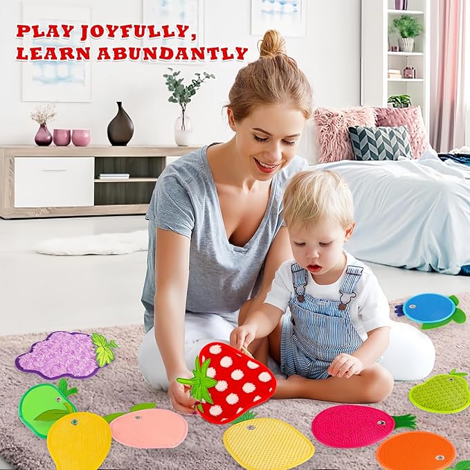 Sensory Mats, Fruit Shaped, Assorted Textured Sensory Tiles for Kids and Autistic Children, Sensory Toys for Tactile Play and Multi Sensory Exploration, Sensory Wall and Floor Panels, 10 Piece.