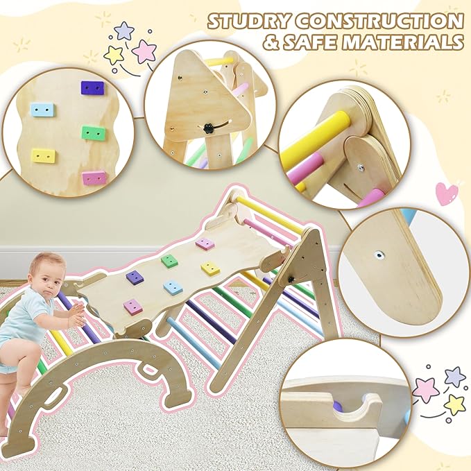5in1 Wooden Climbing Toys, for Toddler Kids Playground with Arch & Ramp & Ladder, Foldable Baby Jungle Climbing Gym, Outdoor & Indoor