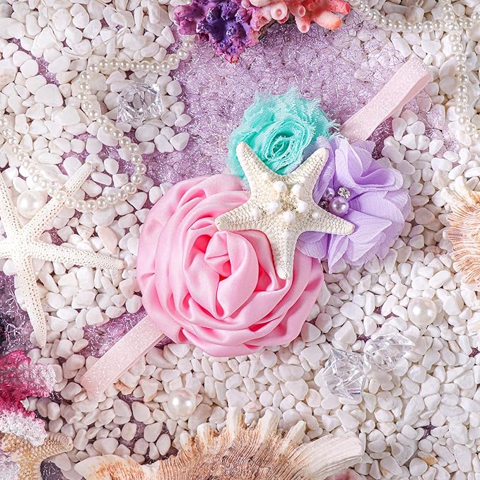 YanJie Mermaid Hairband - Aqua Lavender, Handmade Flower Headband with Starfish for Baby Girls, Newborn Hairbands for Daily Wear, Special Occasions, Photo Props, Birthday Party Gift