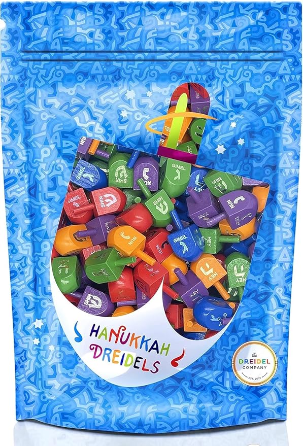 50-Pack Wood Multi-Colored Dreidels Medium Sized Hanukkah Draydels with English Transliteration (50-Pack)
