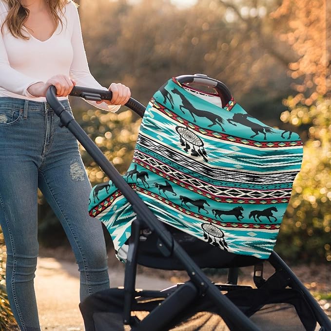 AFPANQZ Aztec Horses Retro Nursing Cover Breastfeeding Scarf Baby Car Seat Covers for Boys Girls Infant Carseat Canopy Stretchy Soft Breathable Cover Up for Stroller High Chair Turquoise Green