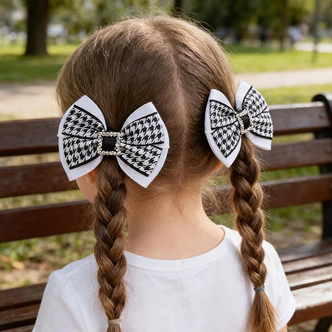 2PCS Baby Girl Dog Gift Wrap Hair Bow Clips Barrettes Houndstooth Hair Bow Clips with Rhinestone Buckle Black and White Fabric Bow Hair Accessories for Little Girls Toddler Kids Teens