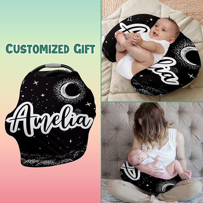 Custom Name Car Seat Canopy - Baby Car Seat Covers, Infant Stroller Cover, Black Moon Carseat Canopy Christmas Birthday Gifts for Girls and Boys