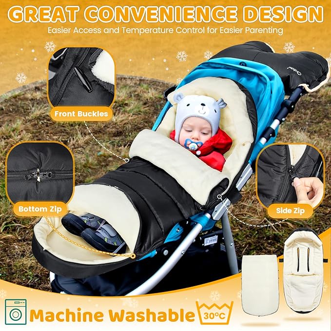 IvyWind Stroller Footmuff, Baby Winter Stroller Bunting Bag with Removable Zipper, Universal Warm Sleeping Bag for Cold Weather, Waterproof & Cozy Fleece Lining for Toddler Infant Kids, Black