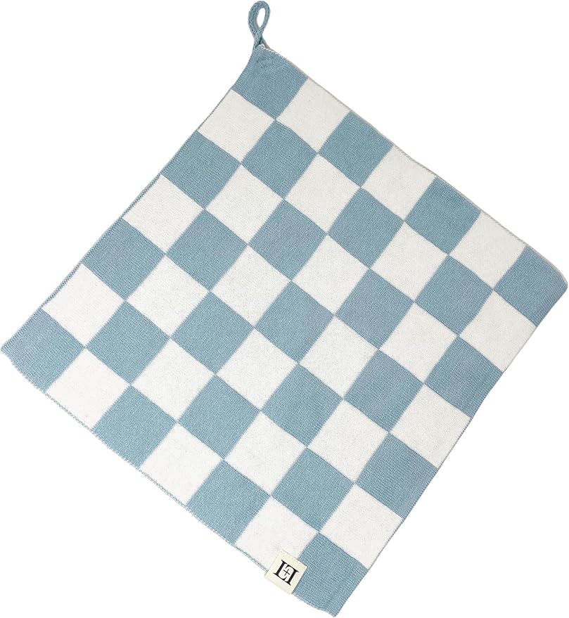 L+L USA Checkered Baby Lovey 100% Organic Cotton Knit Pacifier/Teether Holder 11"x11" - DreamSoft Cuddly Soothie Mini Comfort Blanket - Newborn Gift Essential Babies, Toddlers Boys Girls (Blue/White)