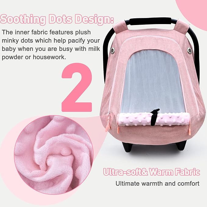 beatoutou Baby Car Seat Cover for Babies,Waterproof Baby Car Seat Cover for Girls,Infant Car Seat Cover Canopy for Girls,Windproof Car Seat Canopy for Girls, Keeps Babies Warm and Cozy (Pink)