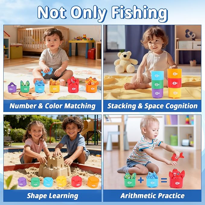 Fishing Game for Toddlers 1-3, Montessori Fishing Toy Set with 29PCS Cloth Fish & Stacking Cups, Educational Toys for Number & Color Sorting, Birthday Gifts for 1 2 3 Year Old Boys Girls