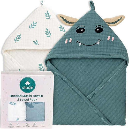 Chungie Soft Muslin Hooded Baby Towels 32x32 inches – 100% Cotton, 6-Layer Breathable Newborn Bath Towels with Hood, Pack of 2 (Printed + Embroidered)