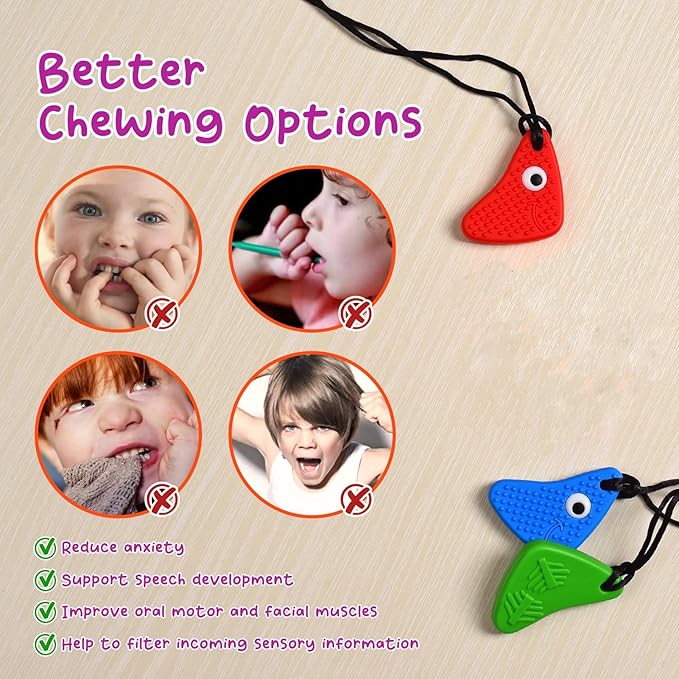 Chew Necklaces for Sensory Kids, Seeway Chewy Necklace Sensory Motor Aids, 3 Pack Silicone Sensory Chew Toys, Different Textures Chewelry, Strengthen Oral and Facial Muscles 【Red, Green, Blue】
