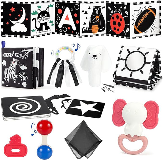 URMYWO 10 Pcs High Contrast Black and White Baby Toys for Newborn, Tummy Time Mirror, Rattle, Teether, Visual Stimulation Learning Cards, Sensory Toys for 0-6 Months, Baby Boy Girl Gift Easter Stuffer