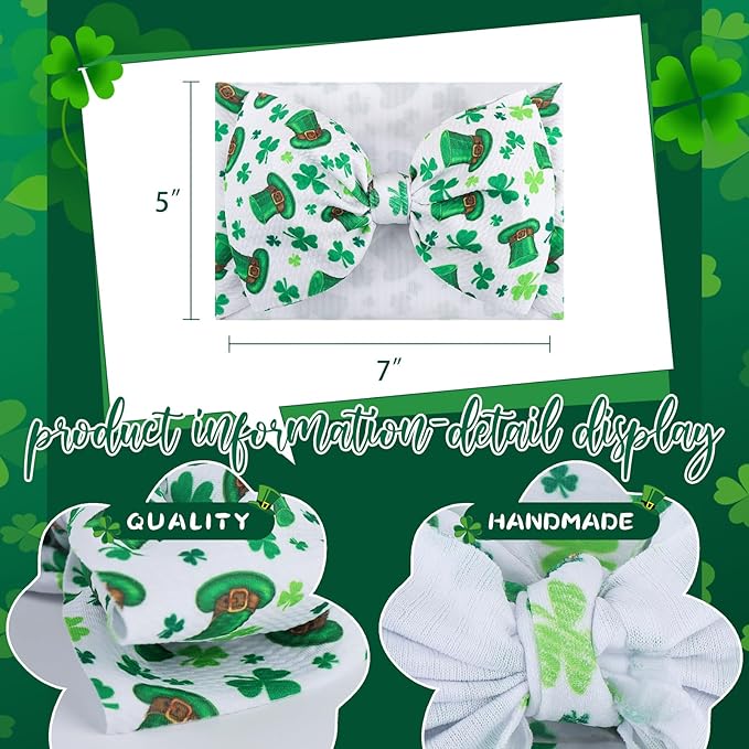 YanJie 7'' St.Patrick's Day Baby Girl Bows Clover Headband Shamrock Bow St. Patrick Top Hat Hair Bows Newborn Wide Hairbands Hair Accessories