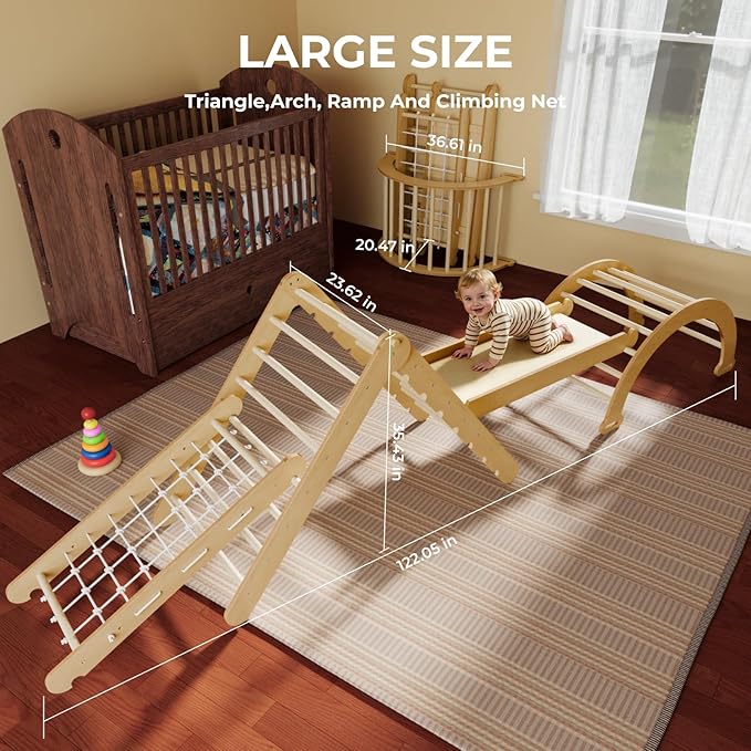 LINKHOO Pikler Triangle Set of 4, Wooden Montessori Climbing Set for Toddlers Ages 2-8, Indoor Jungle Gyms with Arch, Ramp, Ladder and Climbing Net, Natural