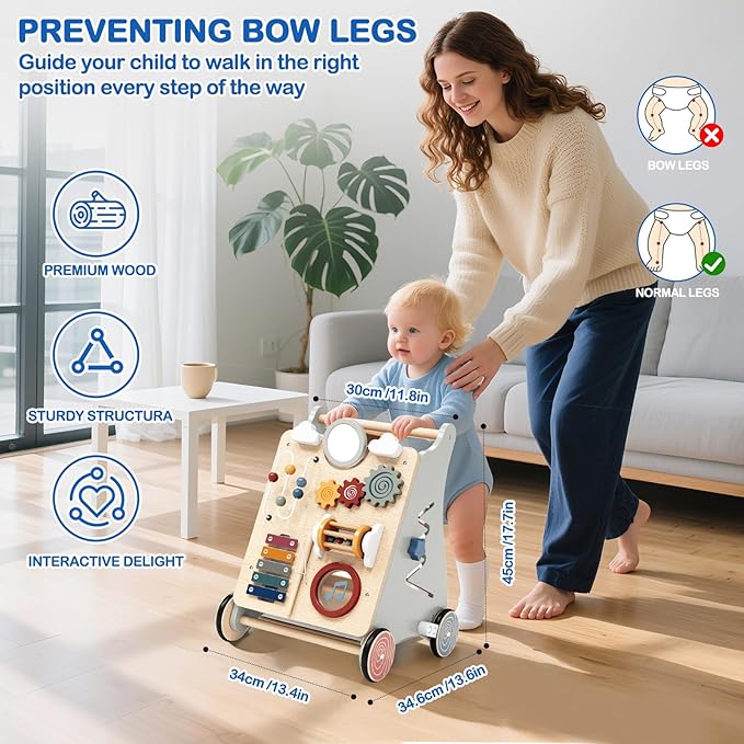 Detachable Baby Walker for Toddlers 1 Year Old Wooden Montessori Busy Board Adjustable Speed Push & Pull Walker Learning to Walk Activity Center Toy for Boys Girls 12 Months+ Baby Toys Birthday Gifts