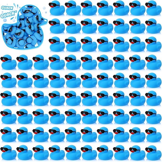 Hiboom 300 Pack Mini Rubber Ducks Set Bath Toys in Bulk with Sunglasses Float Squeak Tiny Baby Shower Rubber Duck Bathtub Pool Toy for Kids Party Birthday Supplies Prize Rewards(Blue)