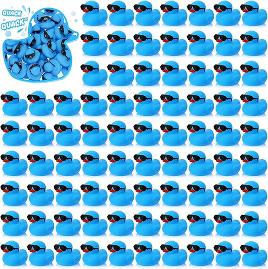 Hiboom 300 Pack Mini Rubber Ducks Set Bath Toys in Bulk with Sunglasses Float Squeak Tiny Baby Shower Rubber Duck Bathtub Pool Toy for Kids Party Birthday Supplies Prize Rewards(Blue)