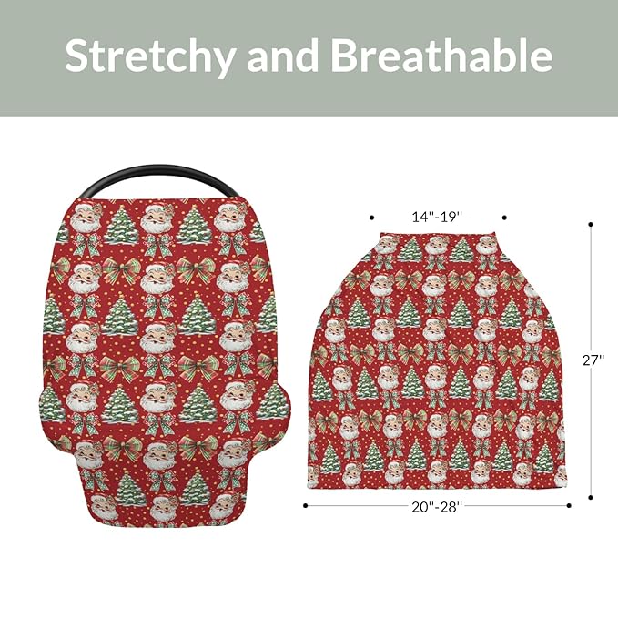 Christmas Santa Trees Car Seats Cover for Babies Santa Claus Red Green Bows Stretchy 5-in-1 Cover Adjustable Car Canopy Cover Winter Holiday Breathable Nursing Cover-Up