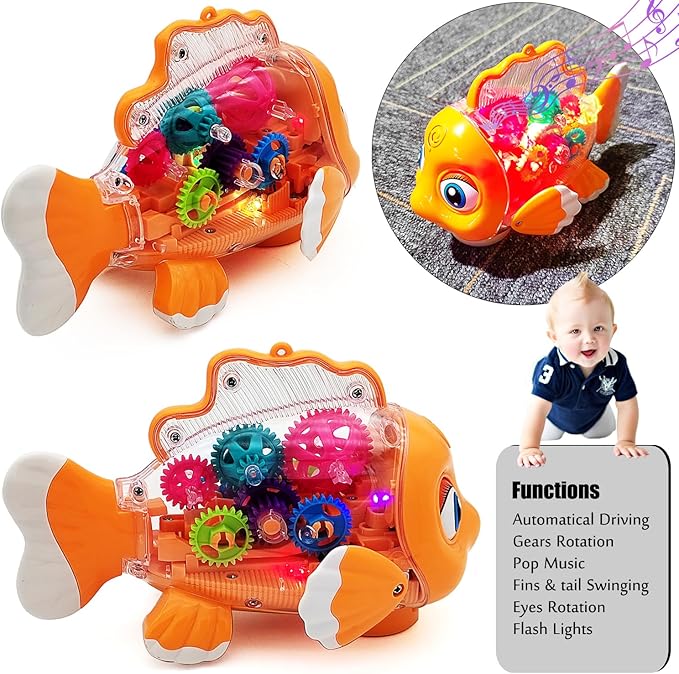 Tipmant Cute Electric Fish Toy Electronic Goldfish Animal Vehicle Car Auto Driving, Transparent Gears, Music, Luminous Lights, Baby Toddler Kids Birthday Gifts