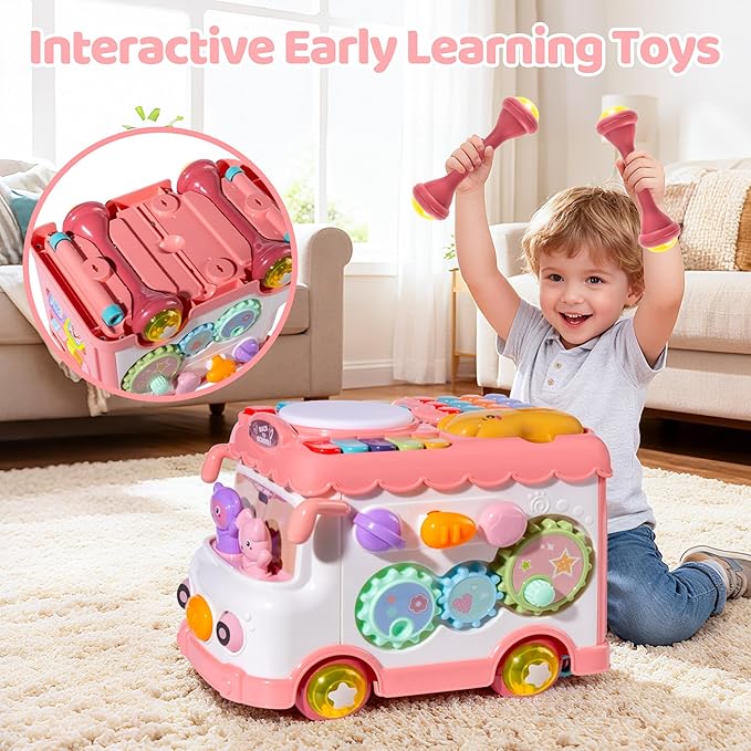 Toys for 1 Year Old Girl Gifts, 10-in-1 Montessori Toys Bus for Baby 6-12 12-18 Months, Educational Musical Learning Toddler Toy Age 1-2, 1st First Birthday Gifts for Girls and Boys, Pink