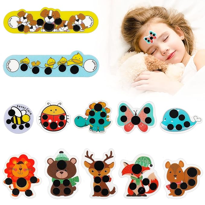 12 pcs Stick-on Fever Indicator Forehead Fever Kids Cartoon Stickers Temperature Fever Patch