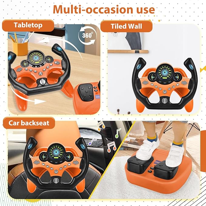 RedCrab Steering Wheels with Brake and Gas Pedals Toy for Kids,Pretend Driving Seat Toys with Light and Music,Simulated Driving for Toddlers,Baby Electric Early Learning Educational Toys (Orange)
